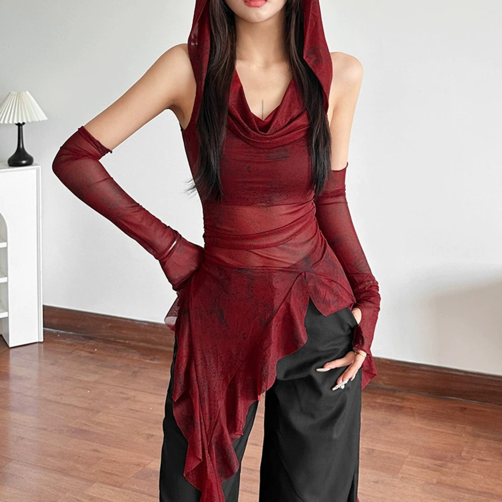 Zara Spring Hooded Ruffle Sleeves Fitted Top